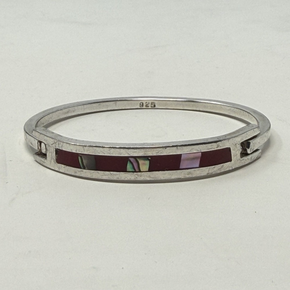 Vintage Mexico‎ 925 Sterling Silver Abalone Red Shell Inlay Hinged Cuff Bracelet - Picture 16 of 16